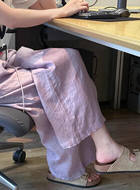 紫色亚麻阔腿裤女夏季薄款高腰宽松显瘦垂坠感冰丝棉麻直筒休闲裤
