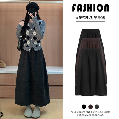 深灰色毛呢花苞裙女秋冬季2025