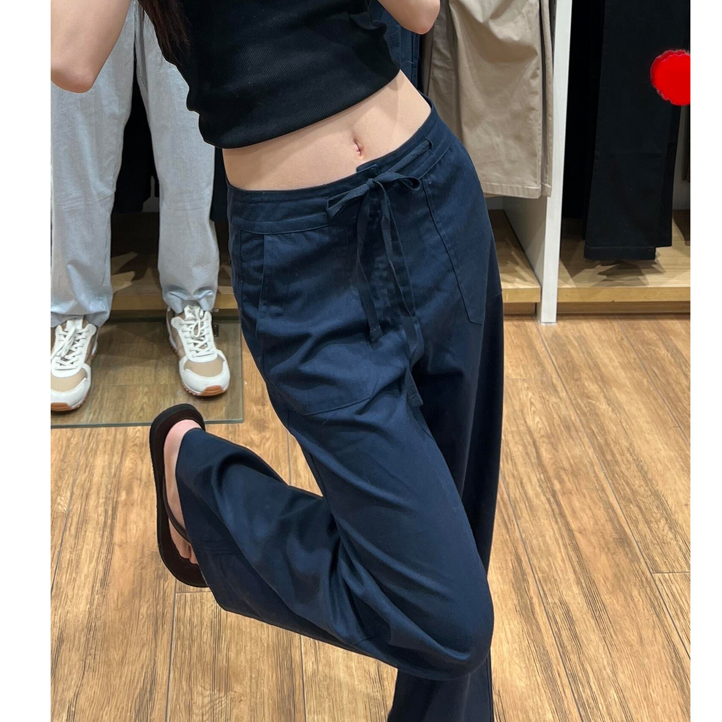 藏青冰丝薄款低腰抽绳阔腿裤女图片