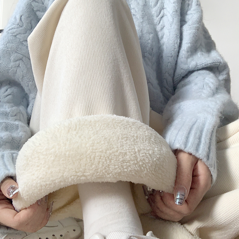 白色灯芯绒羊羔绒阔腿裤加绒加厚