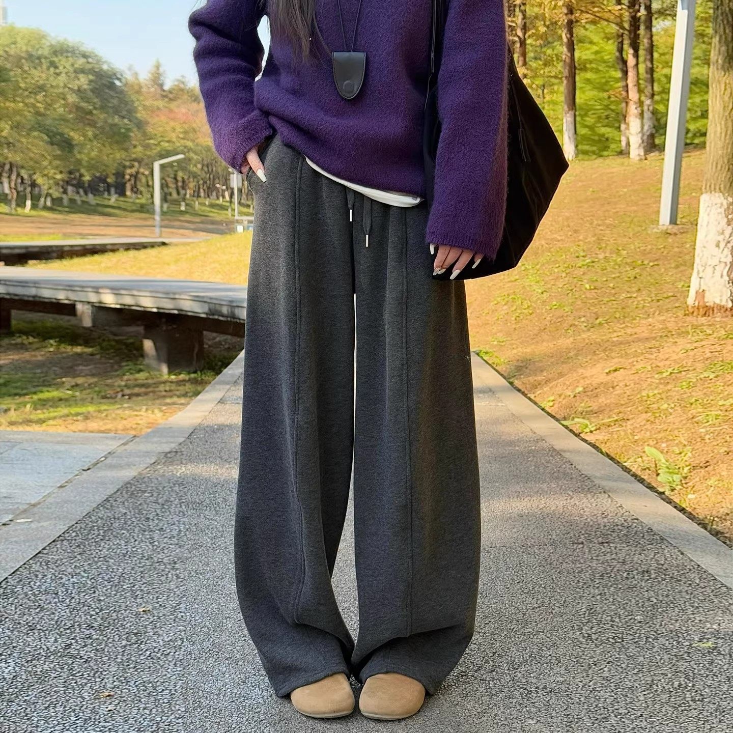 灰色加绒阔腿裤女春秋冬加厚糯米香蕉裤小个子高腰显瘦毛呢弯刀裤,女装/女士精品,休闲裤,淘宝优惠券,粉丝福利购,淘宝优惠卷