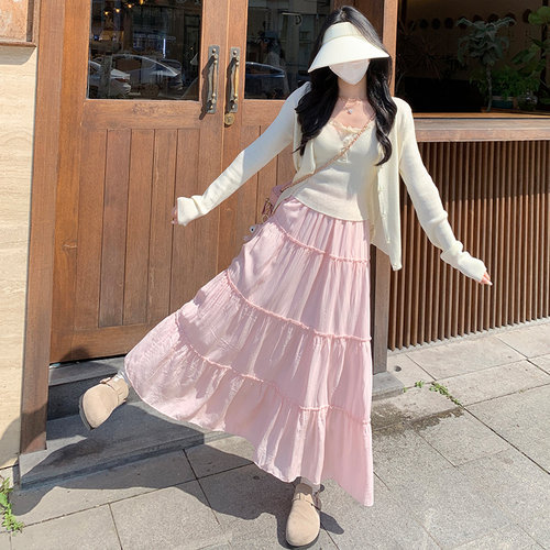 粉色半身裙女夏2025新款高腰显瘦a字中长款春秋蓬蓬裙芭蕾蛋糕裙
