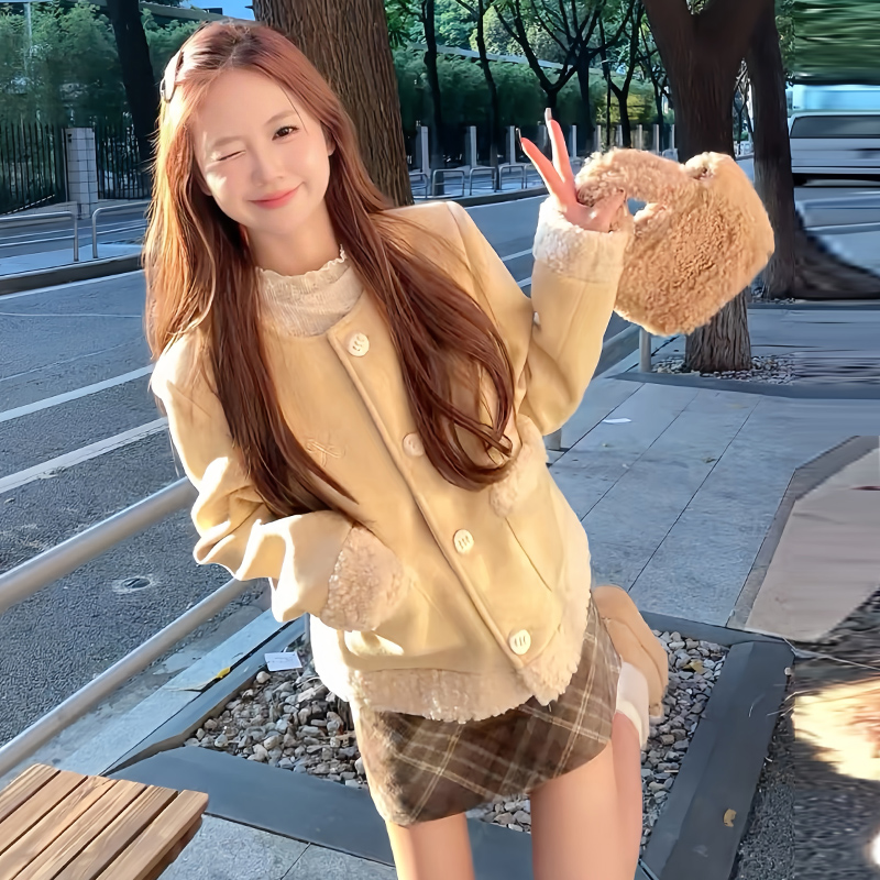 咖色加厚毛呢格子包臀短裙女