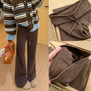 咖色lulu微喇叭裤女秋冬高腰显瘦瑜伽春秋休闲加绒垂感运动卫裤子