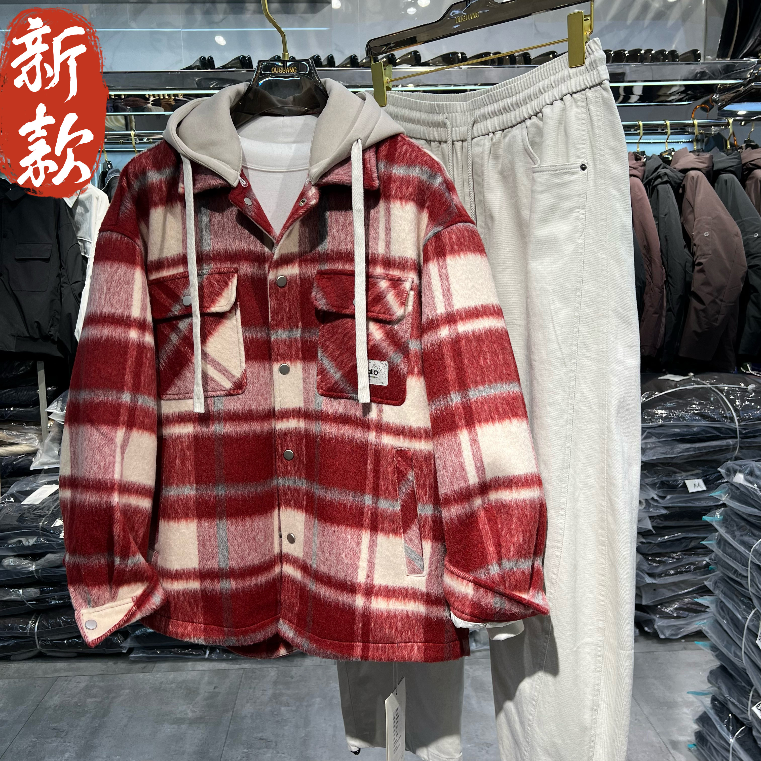 实体商场秋冬新款毛呢格子外套男装潮流男女酷帅穿搭衬衫上衣夹克