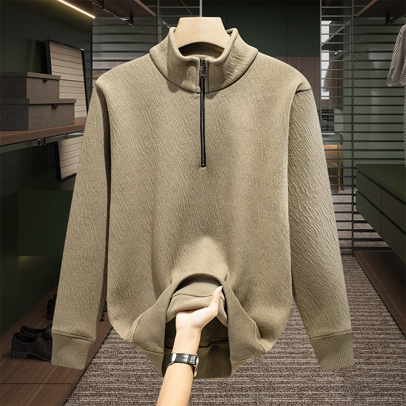 A666加绒美式立领半拉链卫衣男秋冬季衣服无帽上衣长袖内搭打底