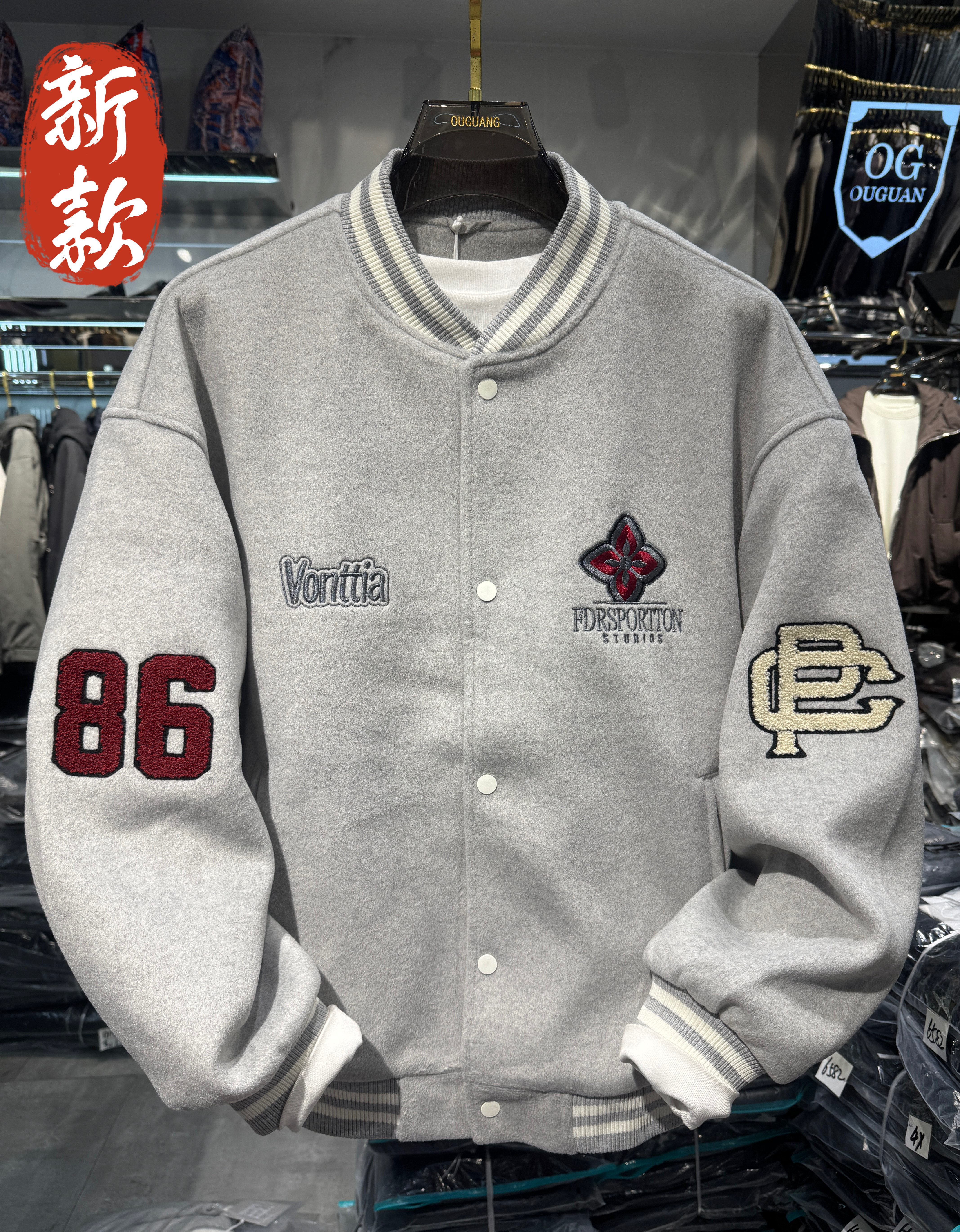 实体毛呢菱形绣花美式运动棒球服外套男士秋冬季重磅情侣宽松夹克