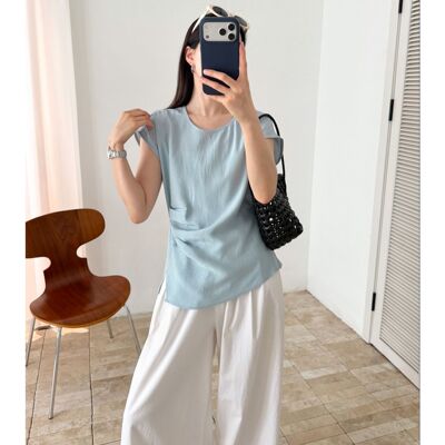 26夏季【100醋纤】设计感不规则褶皱收腰系带圆领连肩袖上衣35003