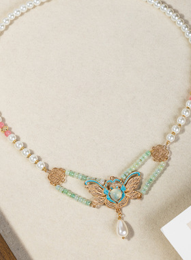 簪娘古风璎珞项链女绿色清新烧蓝蝴蝶珍珠吊坠新中式古典汉服配饰