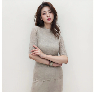 D材质天花板 法国肌理感真丝羊毛圆领中袖针织衫毛衣女修身舒适