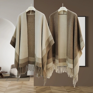 b家羊绒披风纯山羊绒大披肩围巾两用重磅双面羊绒披毯羊绒衫披肩