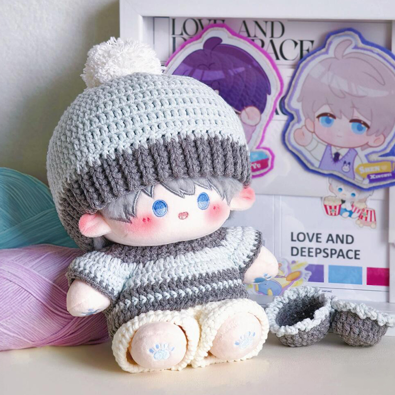 20cm厘米棉花娃娃钩织毛线diy材料包休闲日常灰色针织帽衣服套装
