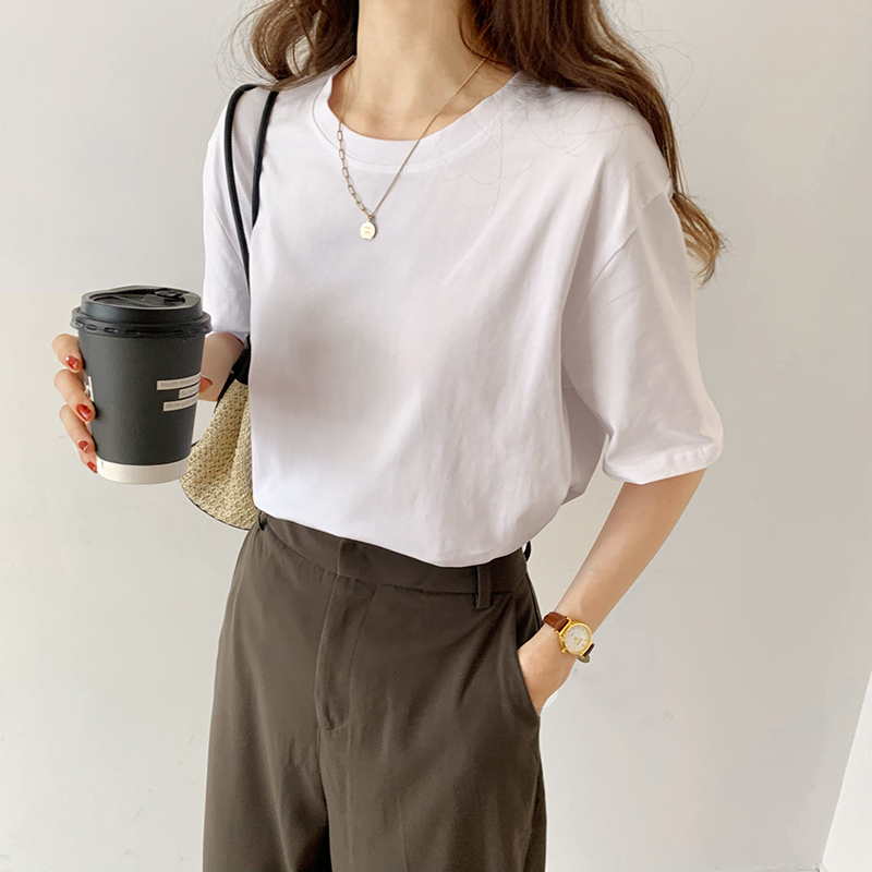 Real shot Summer Cotton Short Sleeve basic top with base coat, loose pure white body, pure white T-shirt