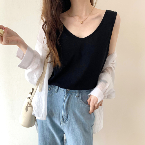 Real shot French collar exposed collarbone loose vest women's new summer sleeveless women's shirt