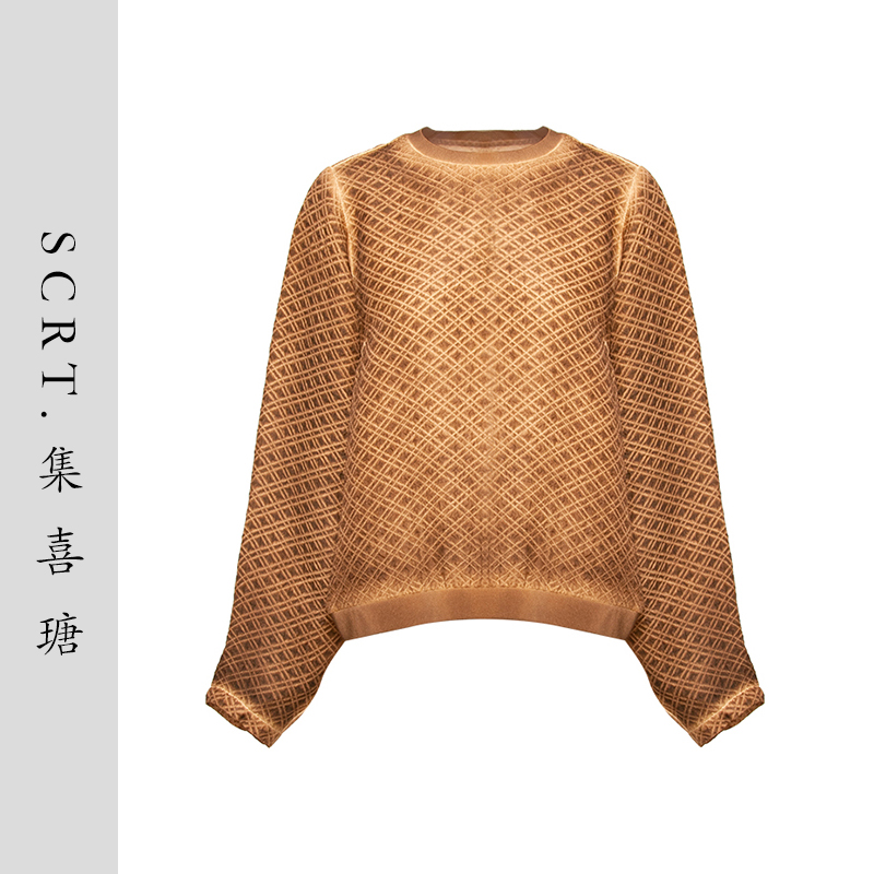 SCRT集喜瑭桑蚕丝格子螺纹领长袖T恤上衣SGS13751