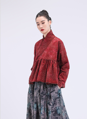 SCRT集喜瑭新款复古风香云纱毛边提花斜门襟绑带上衣SGS13721