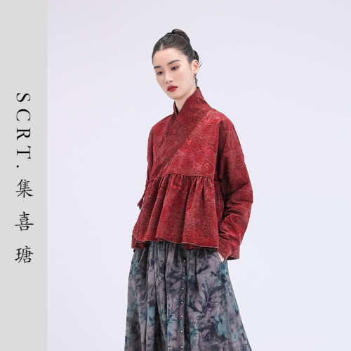 SCRT集喜瑭新款复古风香云纱毛边提花斜门襟绑带上衣SGS13721
