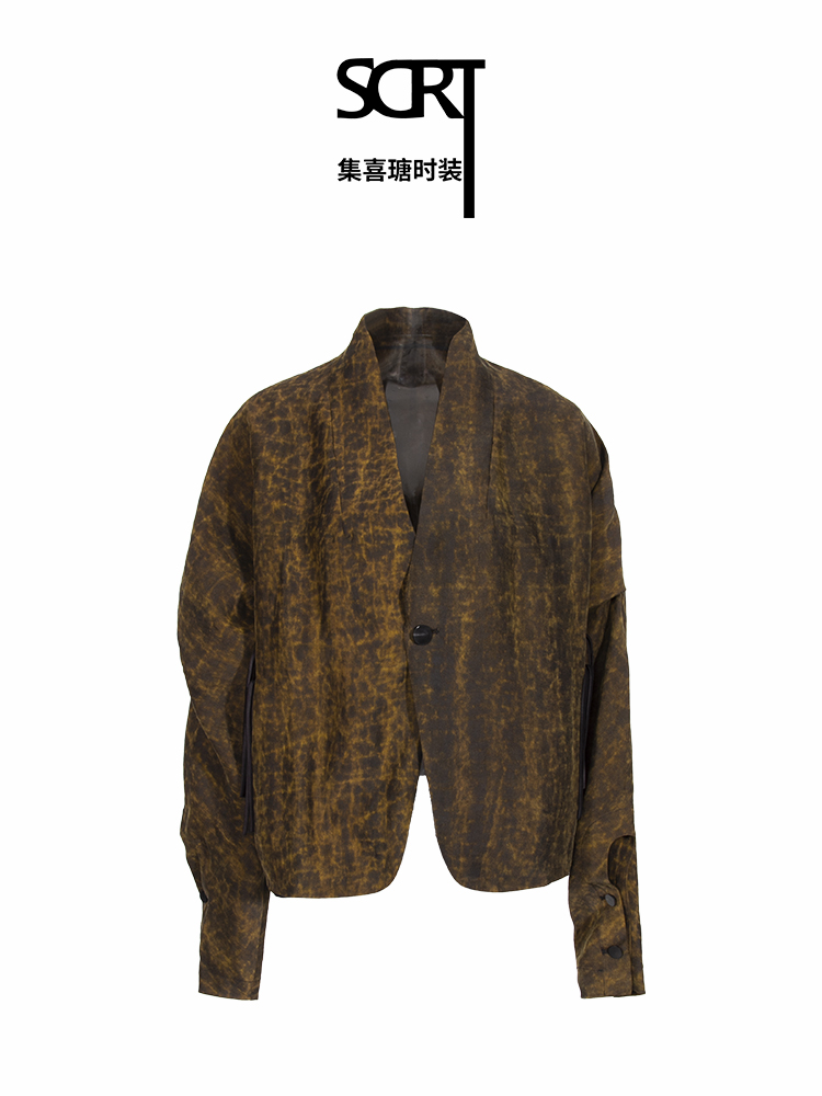 SCRT集喜瑭新中式香云纱V领一粒扣外套上衣SFS4628