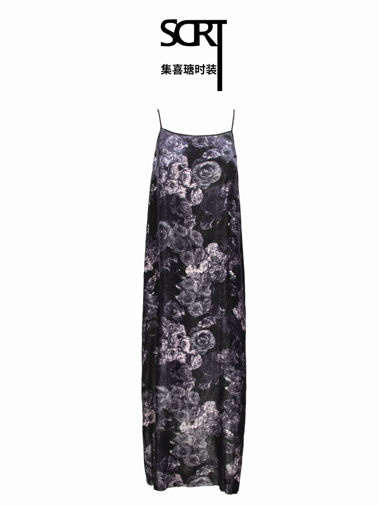 吊带长款真丝丝绒裙女士印花