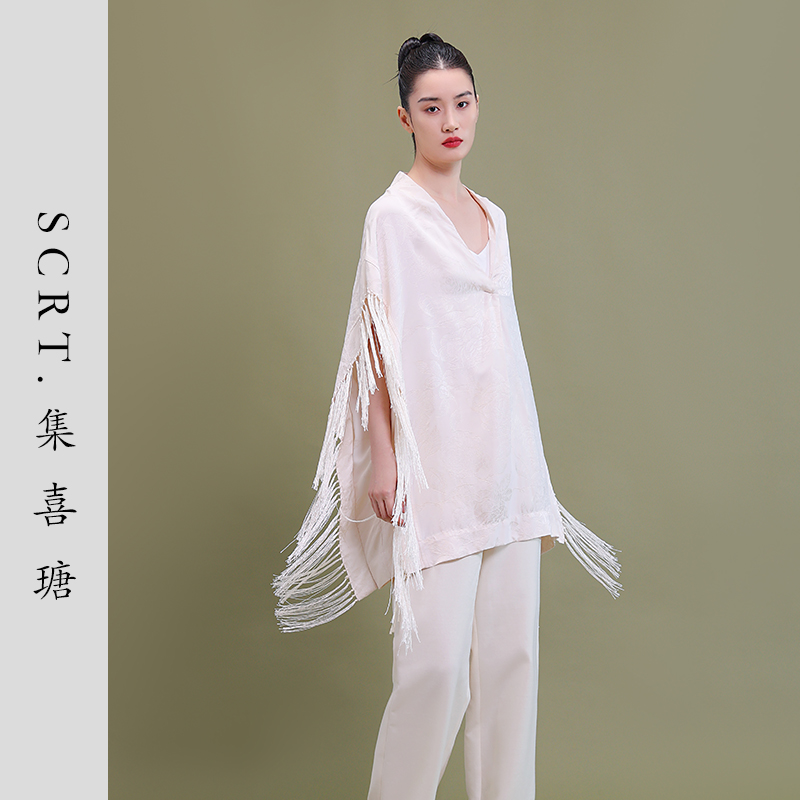 SCRT集喜瑭V领真丝提花流苏衬衫上衣SFS2771