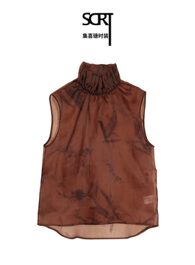 SCRT集喜瑭桑蚕丝欧根缎无袖荷叶领手绘上衣气质女装SFS1904
