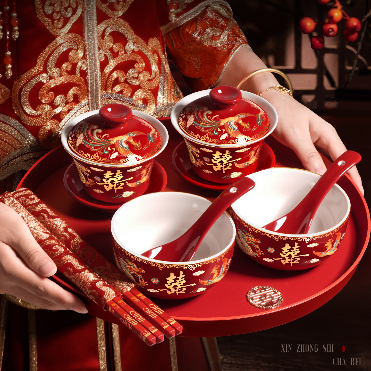 结婚珐琅改口敬茶杯套装一对喜碗新人茶具红色碗筷敬酒杯婚礼专用