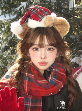 Christmas~可爱毛绒小熊红色圣诞帽发箍女秋冬氛围感红色围巾配饰