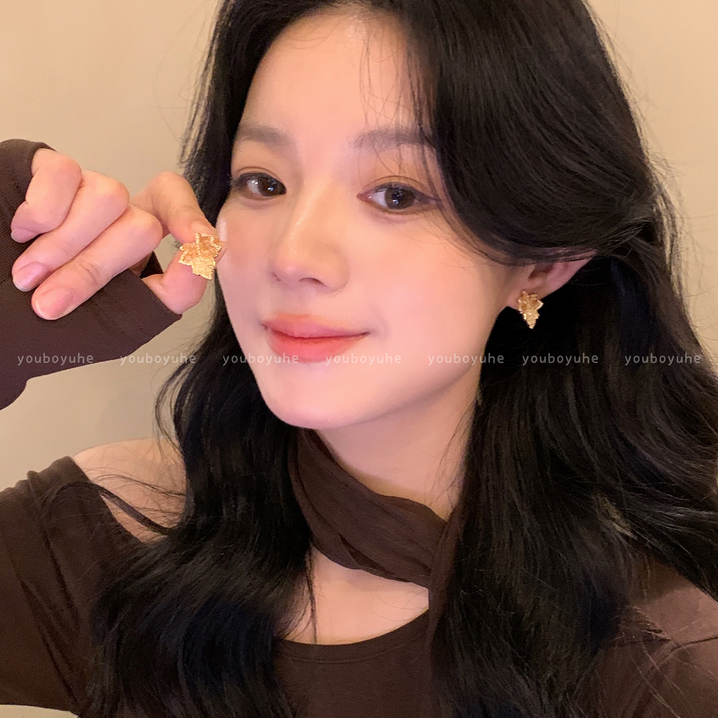 金色渐变枫叶轻奢高级感耳钉