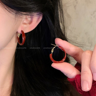 新年喜庆红色滴釉素圈耳环女2026年新款爆款显白圈圈耳圈复古耳饰