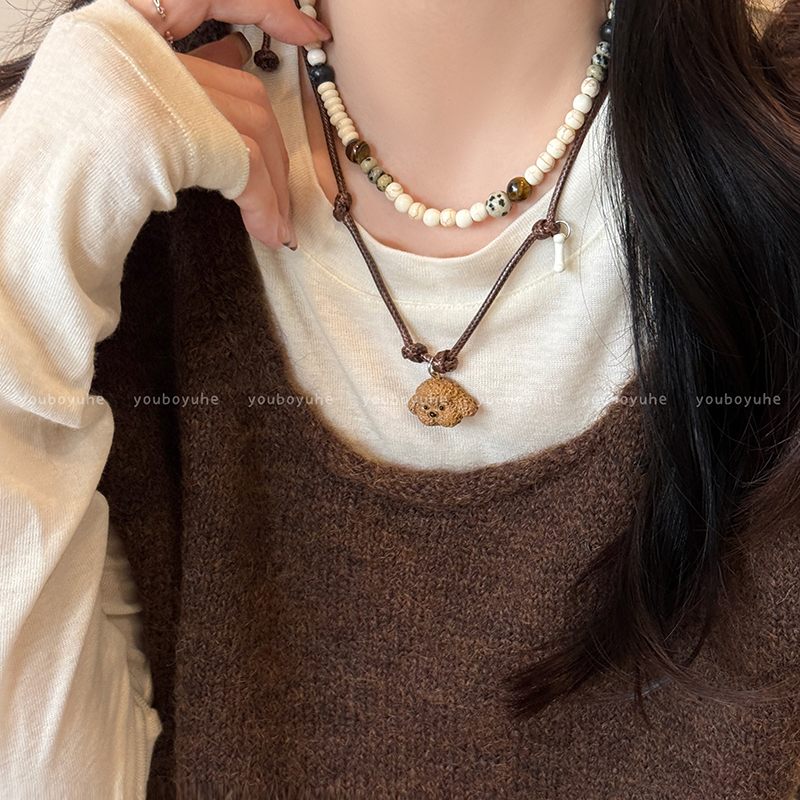 石塑黏土小狗项链双层叠戴毛衣链