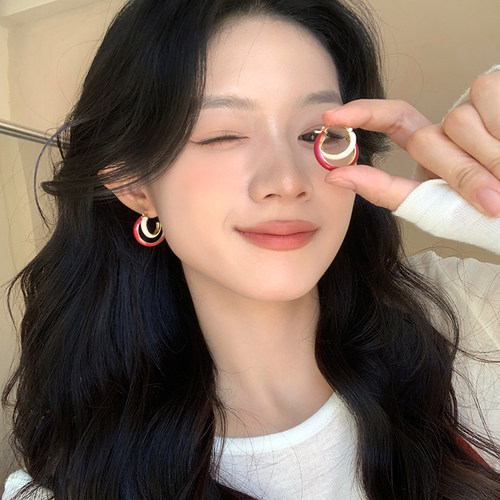安可拉红撞色双层滴釉耳环耳扣