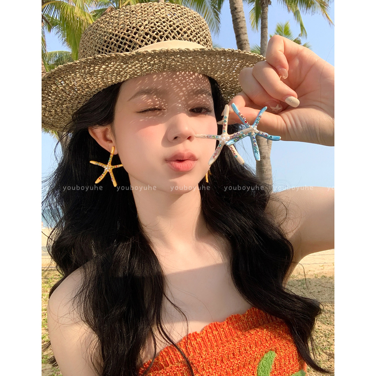 海边度假风蓝色海星滴釉夸张耳环图片