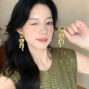 中古vintage港风长流苏耳环女复古宫廷风耳钉夸张气质高级感耳饰