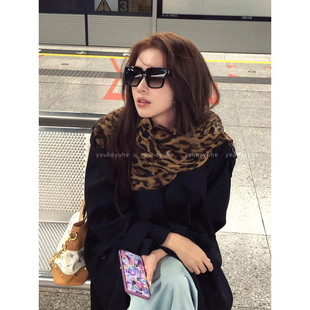 韩系棕色豹纹系脖丝巾女秋冬复古高级感长条围巾百搭披肩围脖配饰