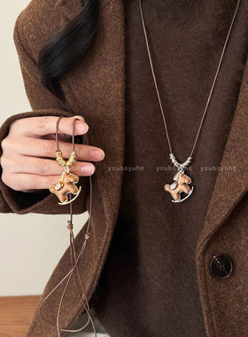 复古木质小马抽拉项链马年毛衣链