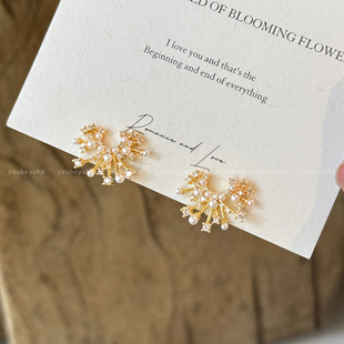 冬悸花火 金色锆石珍珠耳环女高级感轻奢精致银针耳钉巨好看耳饰