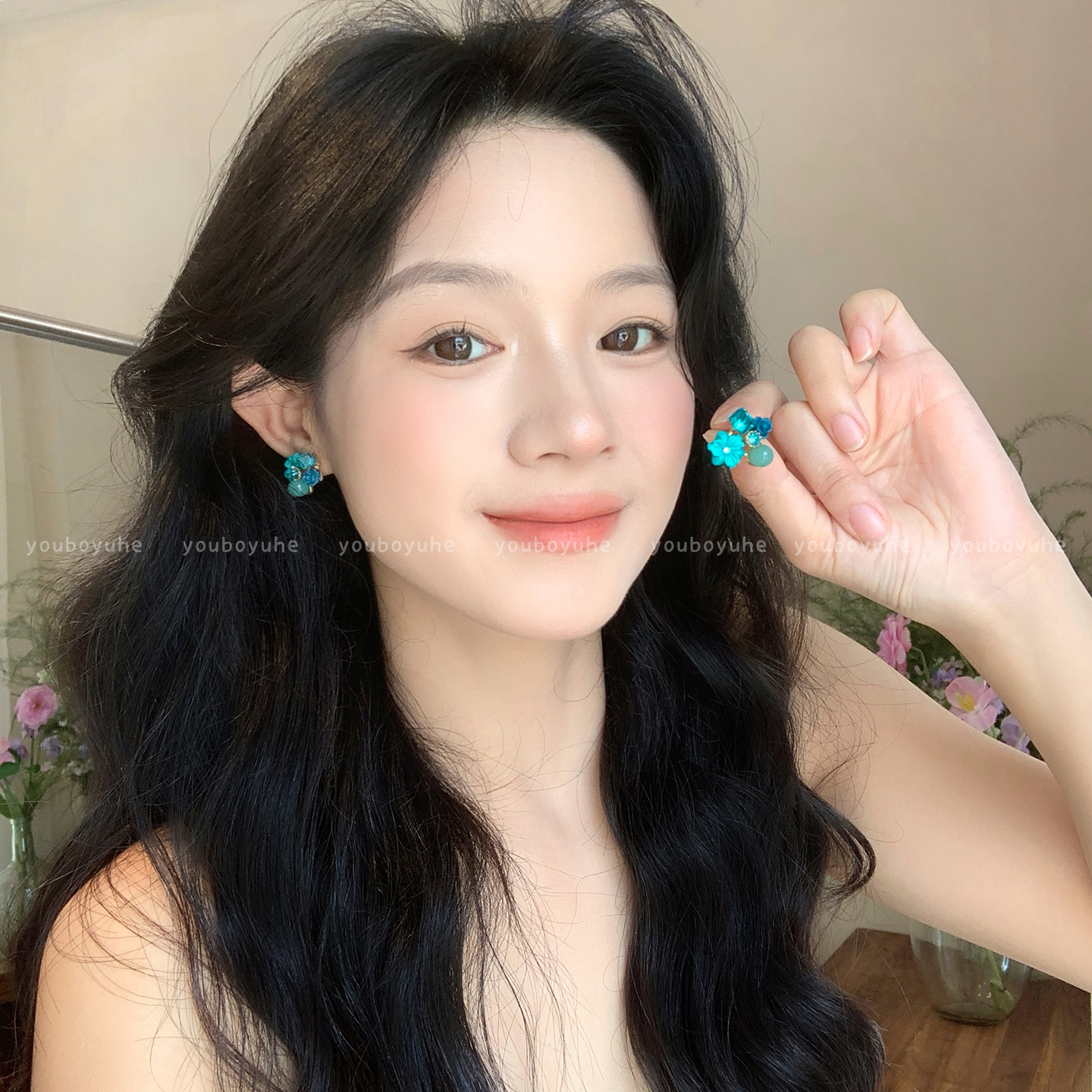 蓝色方糖水晶花朵耳钉女轻奢高级感绝美独特耳环度假风小众耳饰品