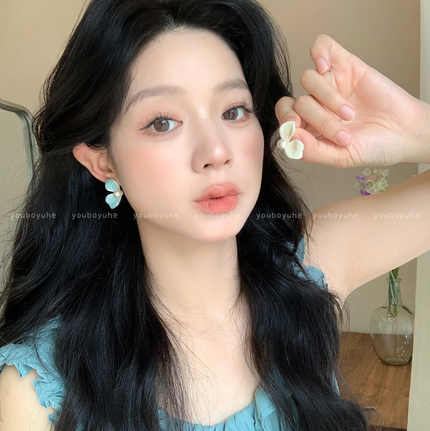 花瓣珍珠银针耳环轻奢高级感精致