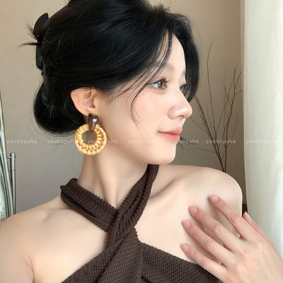 巨好看复古竹藤草编度假风耳环