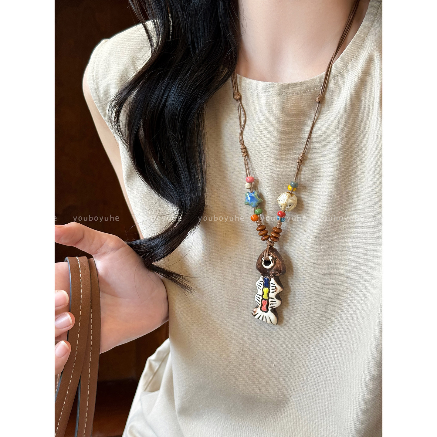 新中式陶瓷小鱼串珠吊坠项链女复古民族风长款毛衣链独特设计配饰,饰品/流行首饰/时尚饰品新,项链,淘宝优惠券,粉丝福利购,淘宝优惠卷