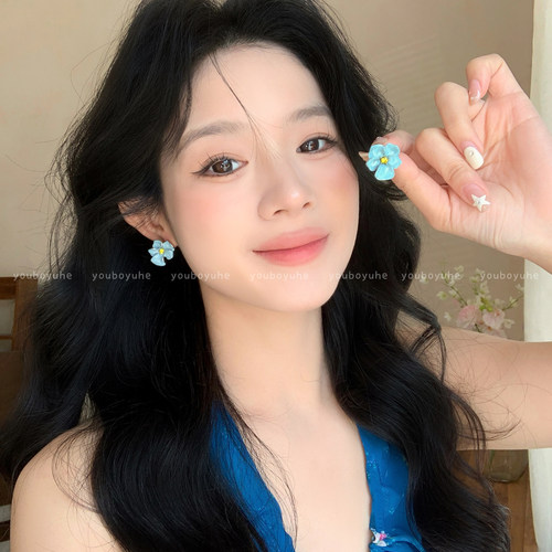 超仙蓝色花朵独特漂亮小众耳环女