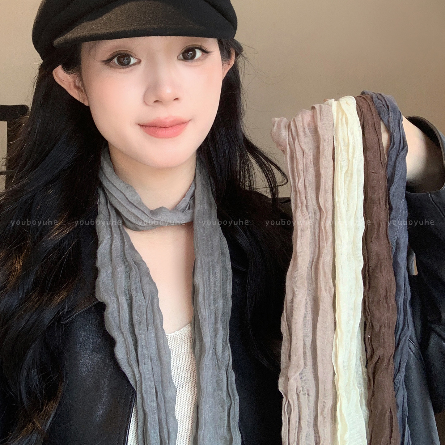 复古文艺褶皱高级感气质长条丝巾图片