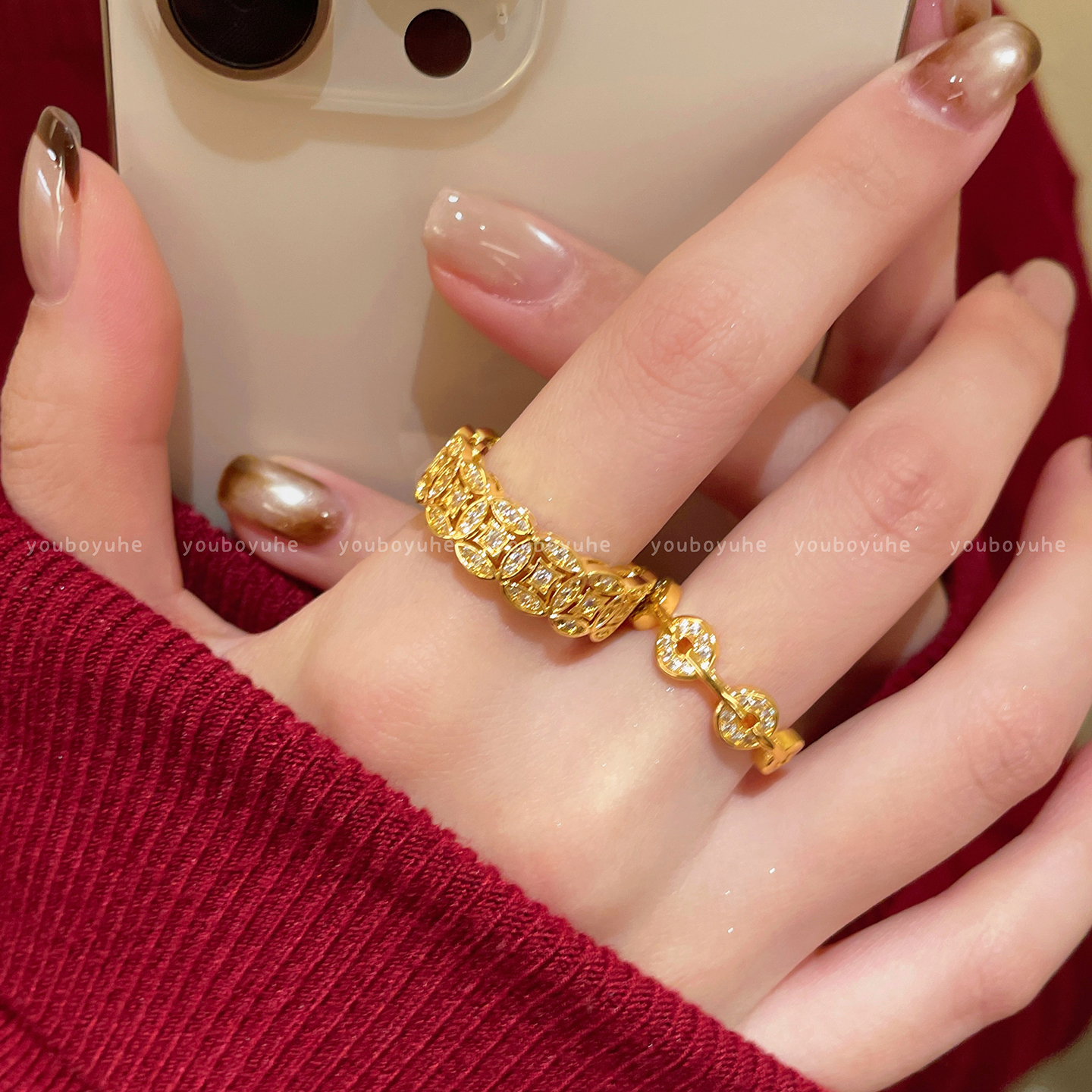 招财进宝~ 中古风金色铜钱锆石戒指女小众设计食指戒轻奢开口指环