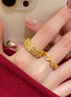 中古风轻奢小众金色铜钱锆石戒指