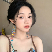 波西米亚流苏串珠耳环女款 彩色度假风夸张耳钩民族风复古旅游配饰