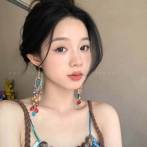 波西米亚民族风耳环流苏水晶耳钉
