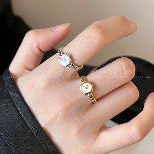 反向的钟~ 简约迷你手表链条戒指女开口可调节小众设计食指戒指环