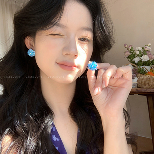 蓝色绣球花串珠耳钉女2025巨好看 无耳洞耳夹耳环精致绝美耳饰品