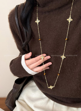 鸢尾花虎眼石珍珠叠戴毛衣链项链