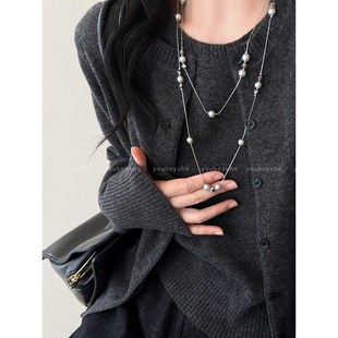 双层叠戴满天星灰色珍珠项链女轻奢高级感秋冬长款毛衣链个性配饰